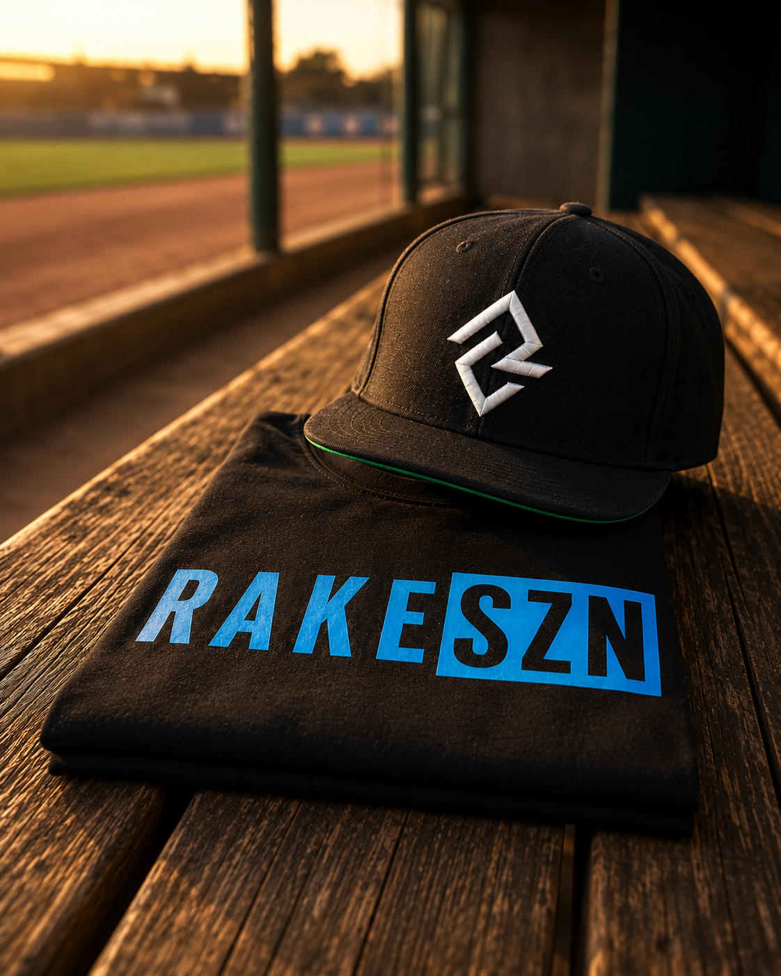 Folded black RAKE SZN baseball t-shirt featuring the front graphic and black snapback hat by Rake City.