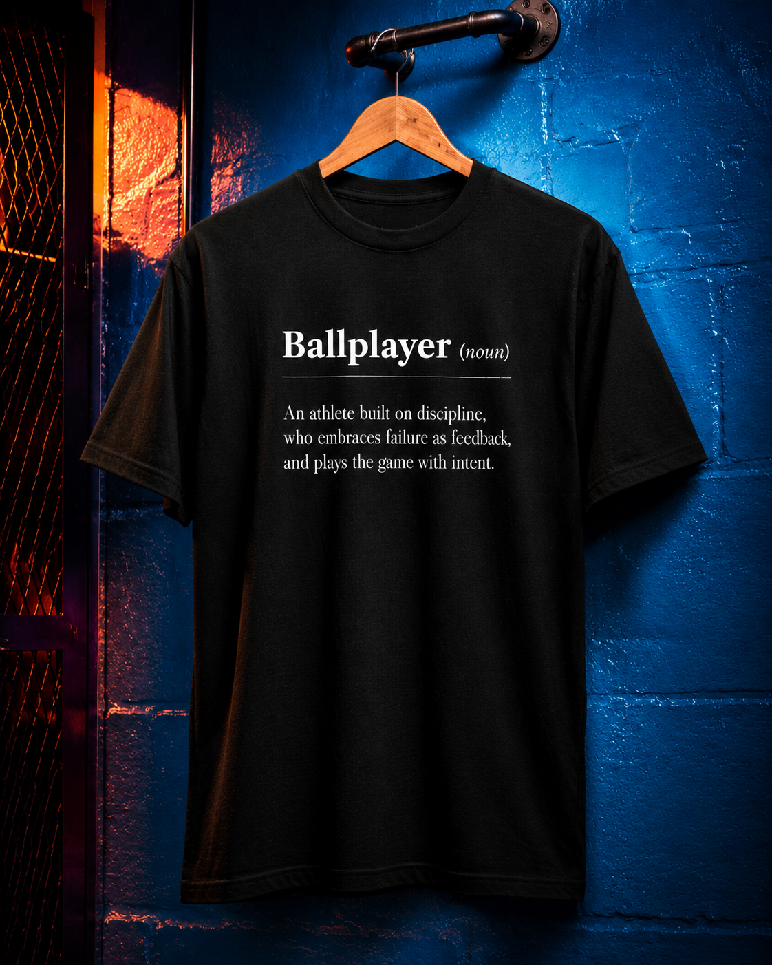 Hanger view of the youth BALLPLAYER premium baseball t-shirt by Rake City.