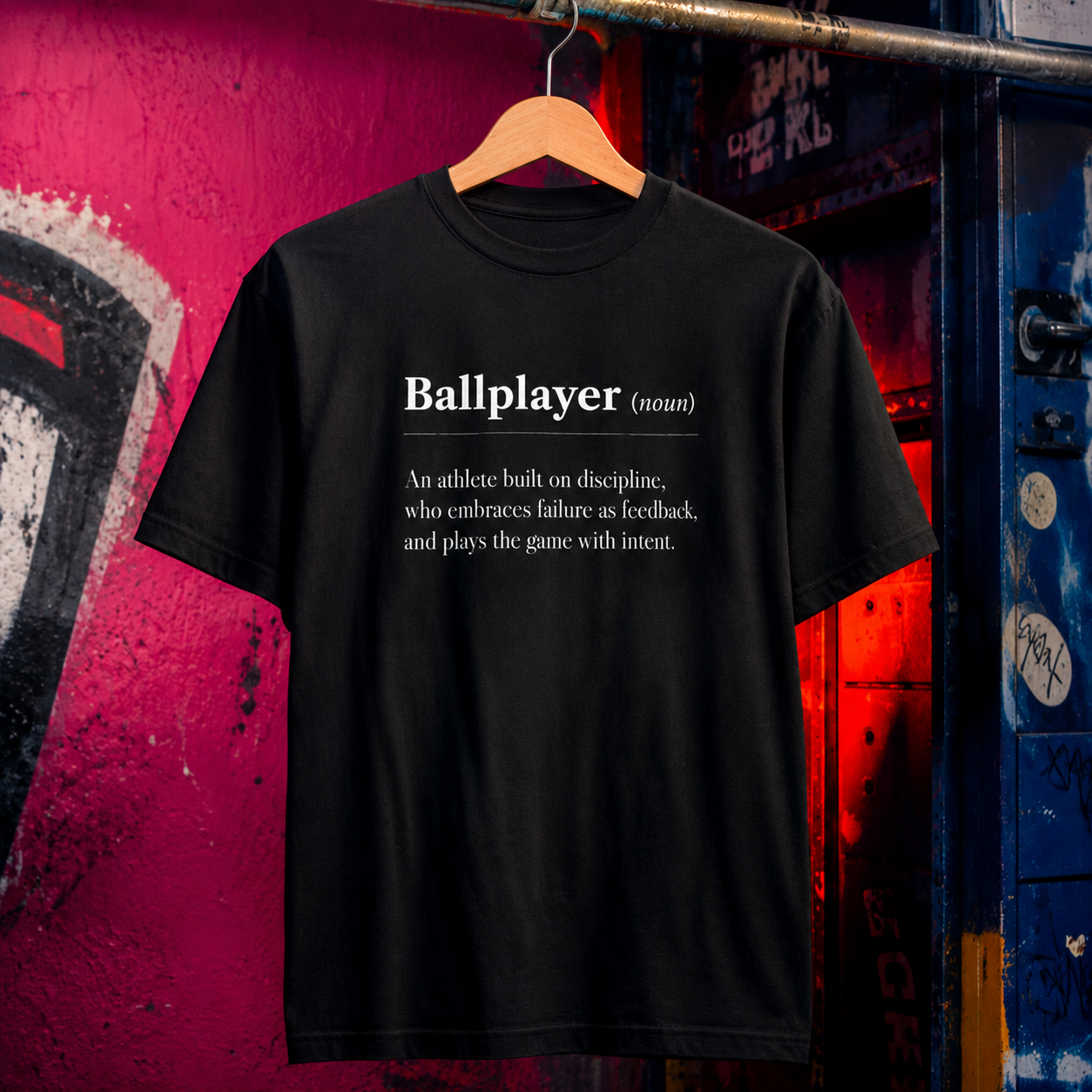 Hanger view of the youth BALLPLAYER premium baseball t-shirt by Rake City.