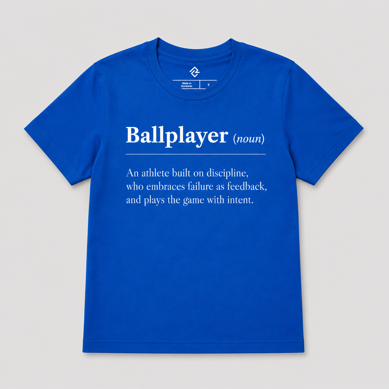 Front view of the royal blue youth premium BALLPLAYER Tee by Rake City.