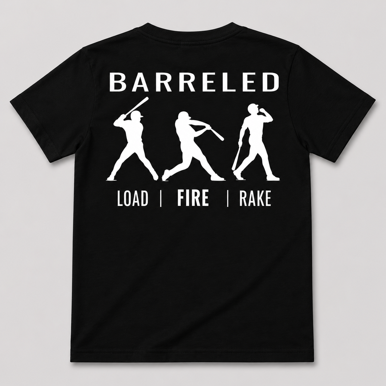 Back view of the black youth BARRELED premium baseball t-shirt by Rake City.