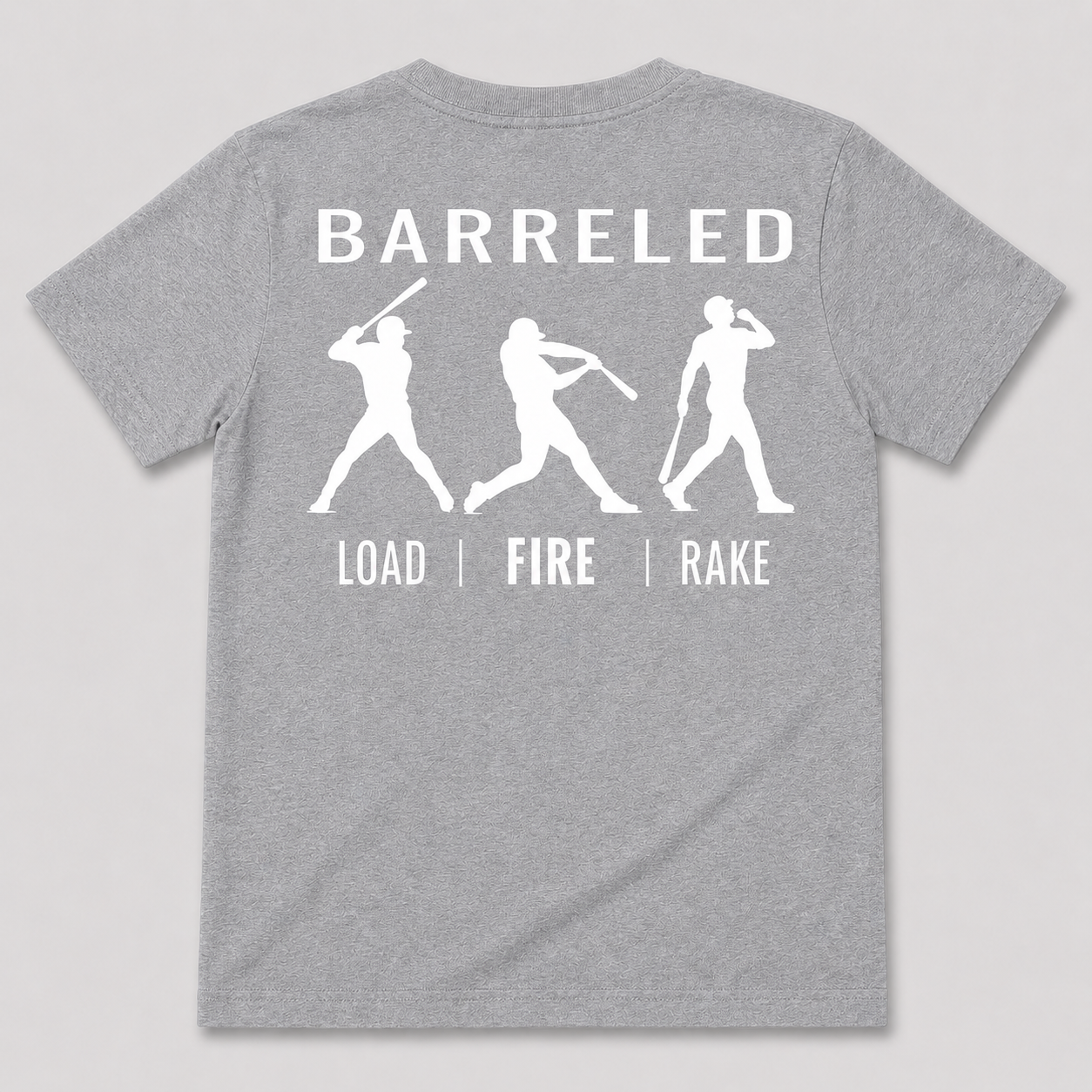 Back view of the grey BARRELED premium baseball t-shirt by Rake City.