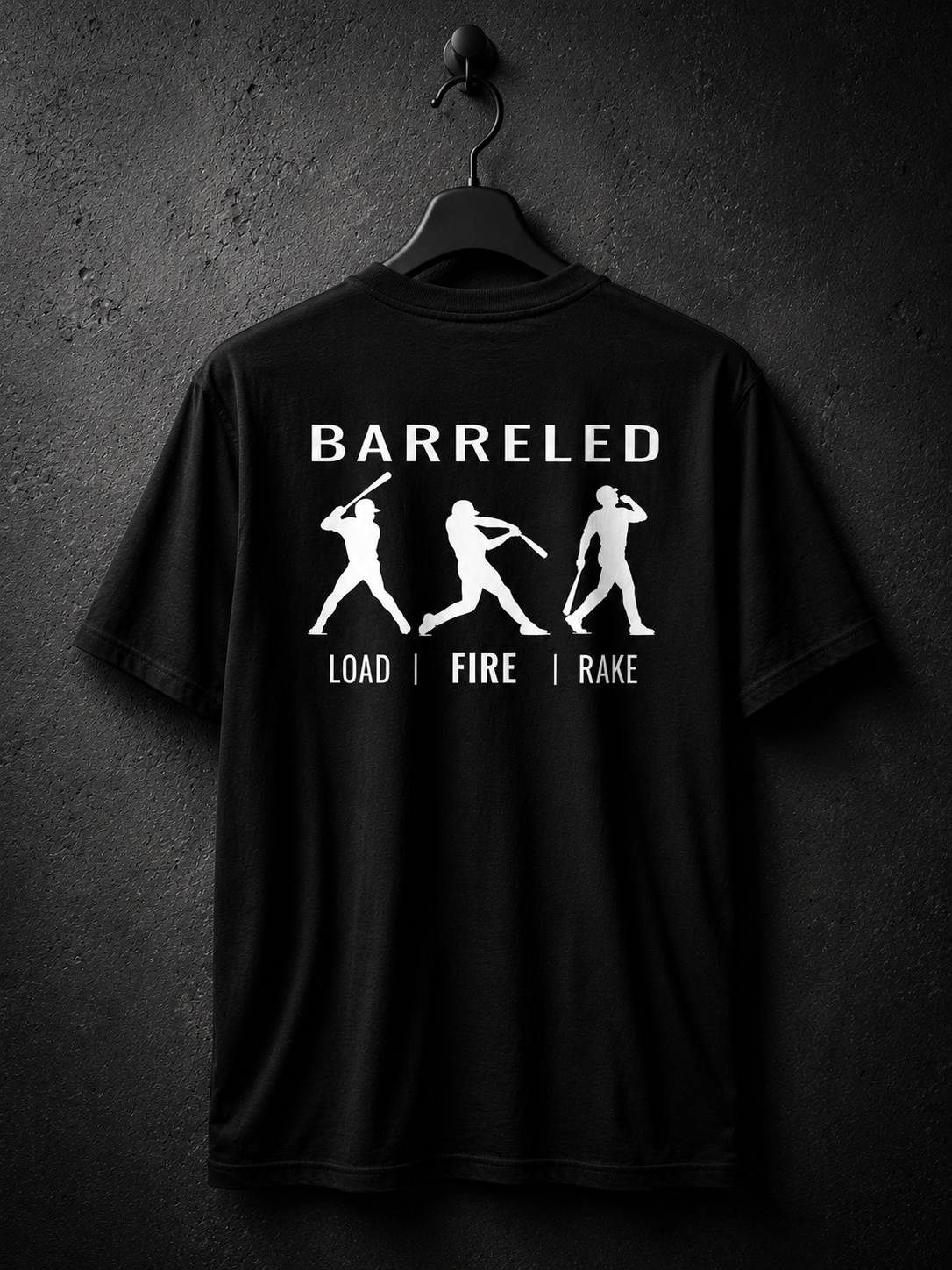 Hanger studio view of the youth BARRELED baseball t-shirt by Rake City.