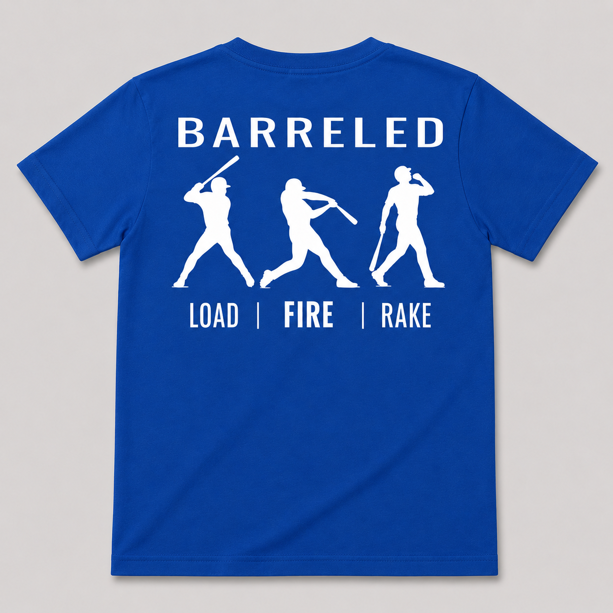 Back view of the royal blue BARRELED premium baseball t-shirt by Rake City.