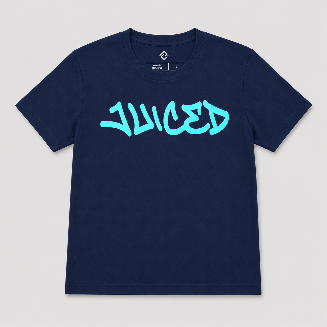 Front view of the navy youth JUICED premium baseball t-shirt by Rake City.