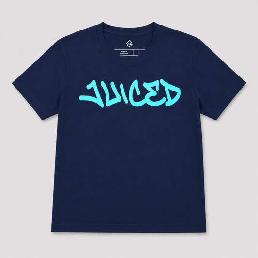 Front view of the navy youth JUICED premium baseball t-shirt by Rake City.