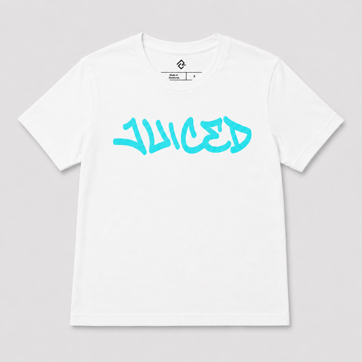 Front view of the white youth JUICED premium baseball t-shirt by Rake City.