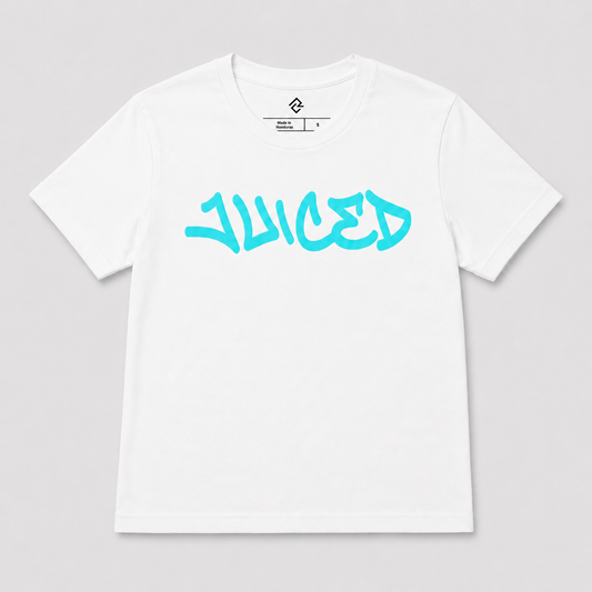 Front view of the white youth JUICED premium baseball t-shirt by Rake City.